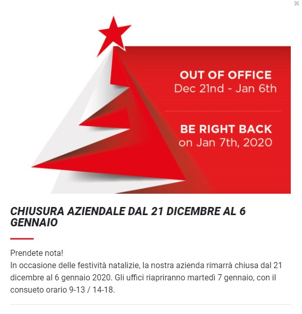 BUONE FESTE! SIAMO CHIUSI DAL 21 DICEMBRE AL 6 GENNAIO 2020